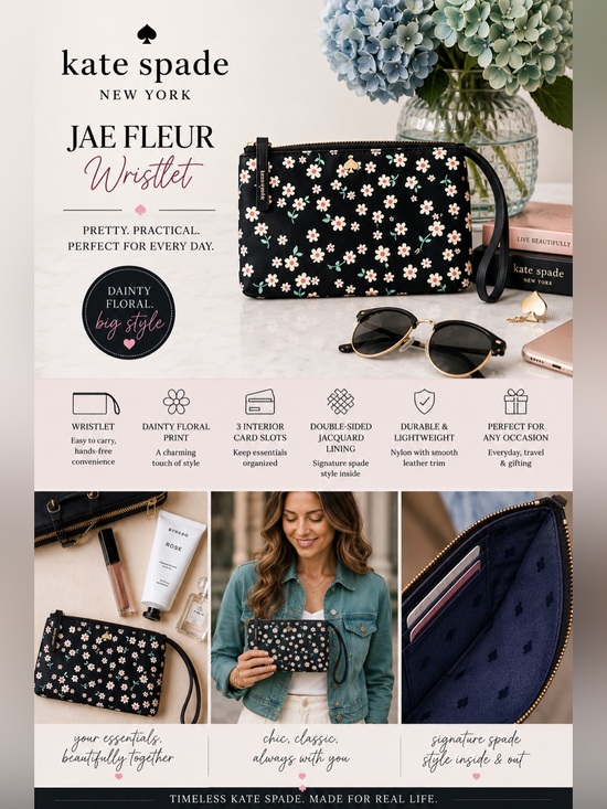 kate spade Handbags - Kate Spade Stylish Jae Fleur Black Nylon Wristlet With Smooth Leather Trim.